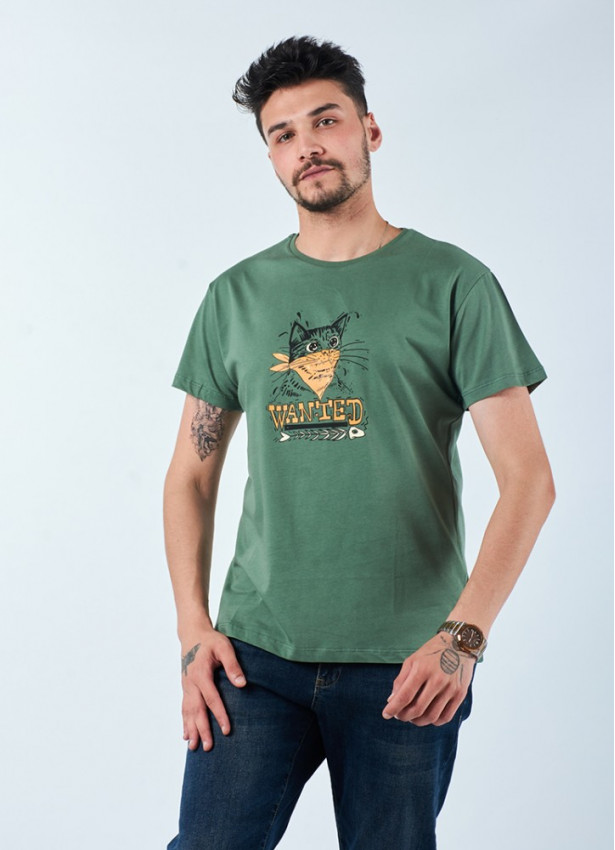 Kedi Baskılı Kısa Kollu Yeşil Erkek T-Shirt
